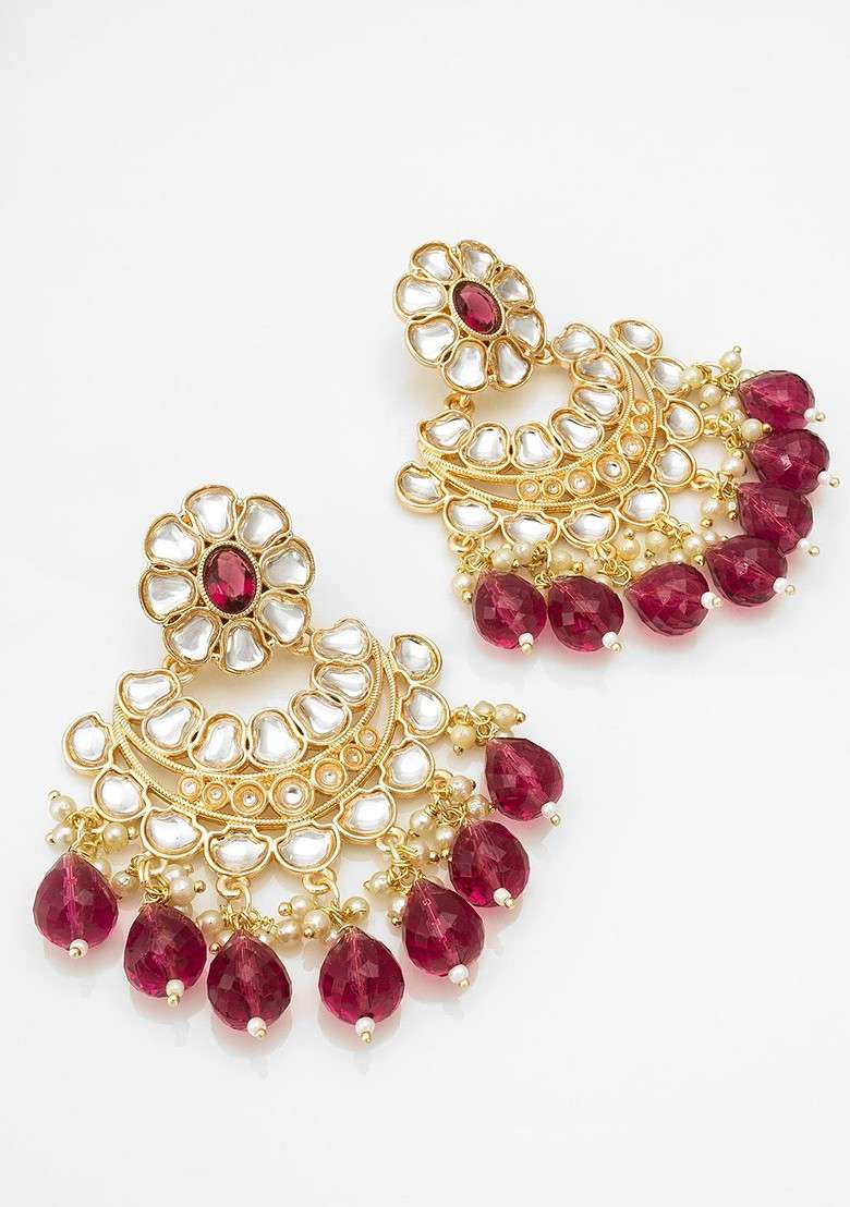 Gold Plated Kundan Studded And Pearl Beaded Drop Earrings - Indya
