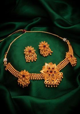 Gold Plated Red Ruby Studded Beaded Choker Jewellery Set