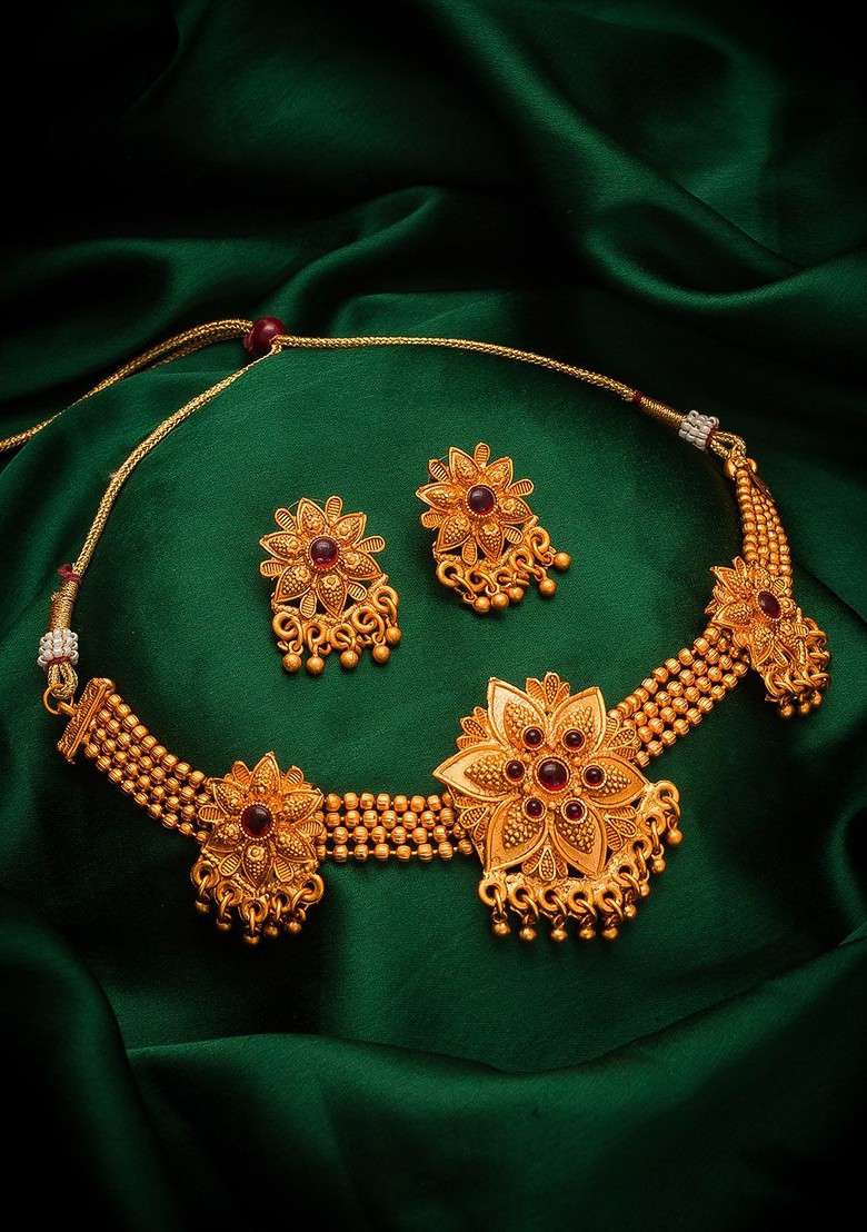 Gold Plated Red Ruby Studded Beaded Choker Jewellery Set - Indya