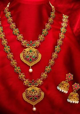 Gold Plated Stone Studded Pearl Beaded Choker And Matinee Temple Jewellery Set