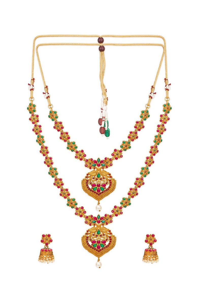 Gold Plated Stone Studded Pearl Beaded Choker And Matinee Temple Jewellery Set