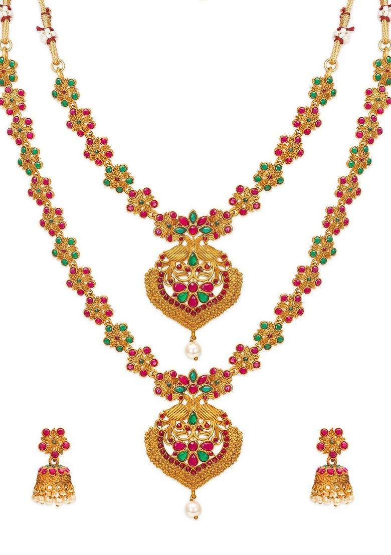 Gold Plated Stone Studded Pearl Beaded Choker And Matinee Temple Jewellery Set