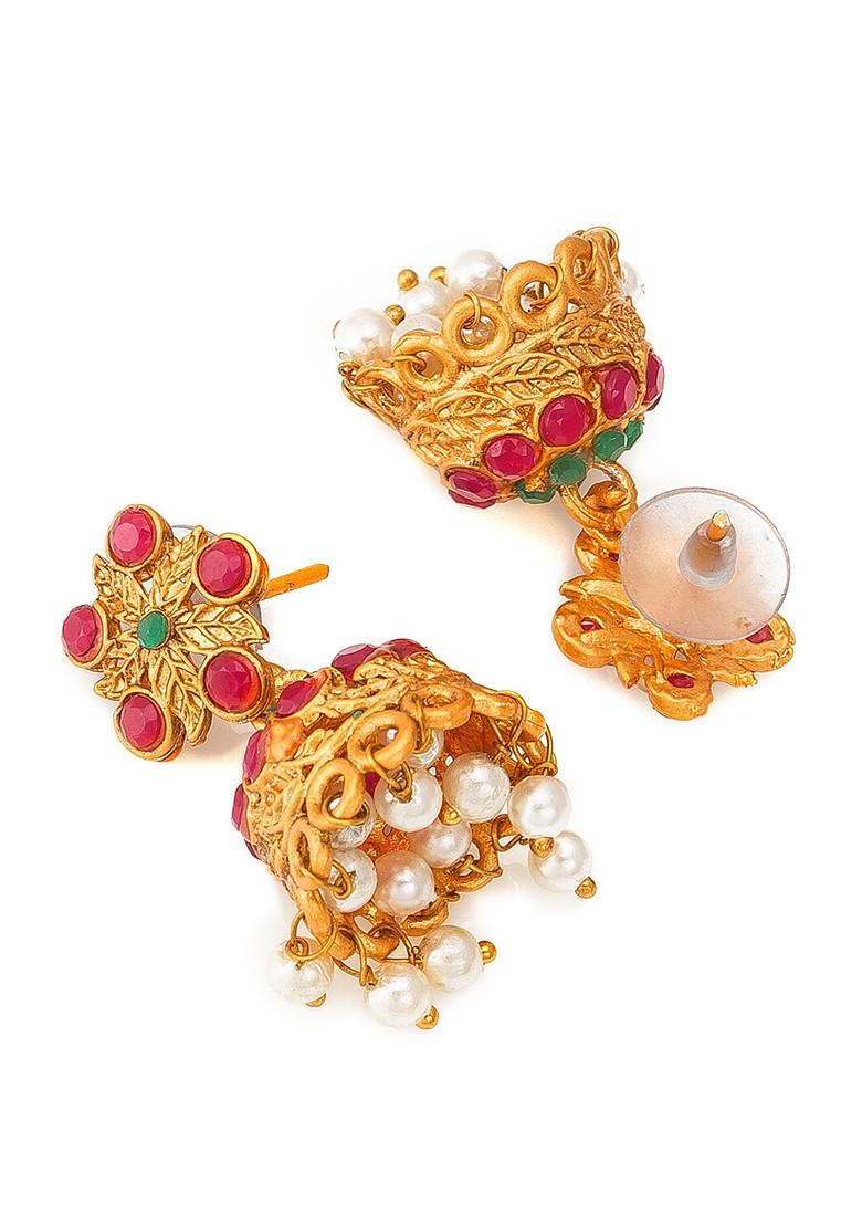 Gold Plated Stone Studded Pearl Beaded Choker And Matinee Temple Jewellery Set