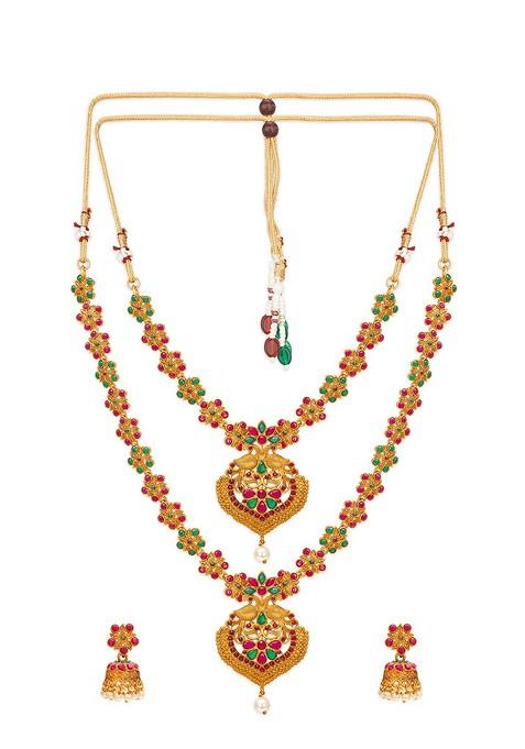 Gold Plated Stone Studded Pearl Beaded Choker And Matinee Temple Jewellery Set