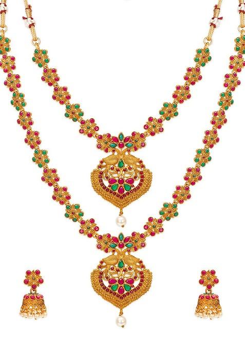 Gold Plated Stone Studded Pearl Beaded Choker And Matinee Temple Jewellery Set