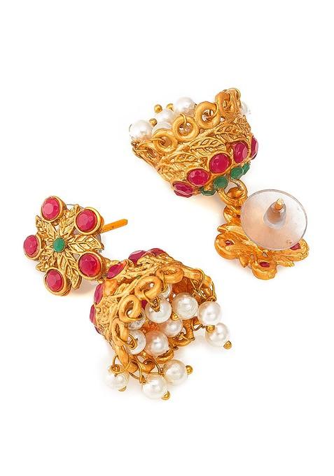 Gold Plated Stone Studded Pearl Beaded Choker And Matinee Temple Jewellery Set