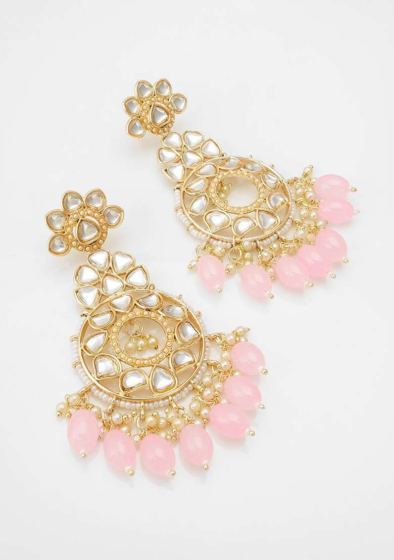 Gold Plated Kundan Studded And Pearl Beaded Chandbalis - Indya