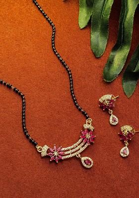 Gold Plated Black And White Stone Studded And Beaded Mangalsutra Set