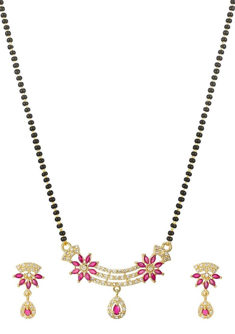 Gold Plated Black And White Stone Studded And Beaded Mangalsutra Set