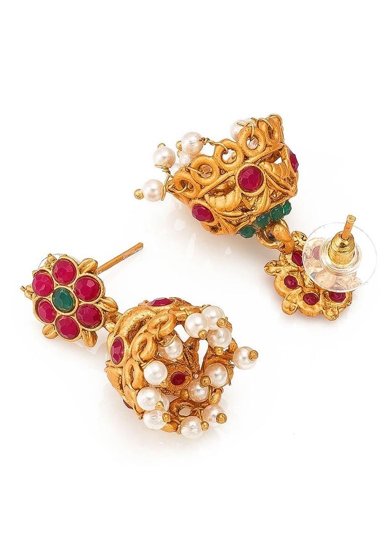 Gold Plated Pink And Green Stone Studded And White Beaded Temple Jewellery Set