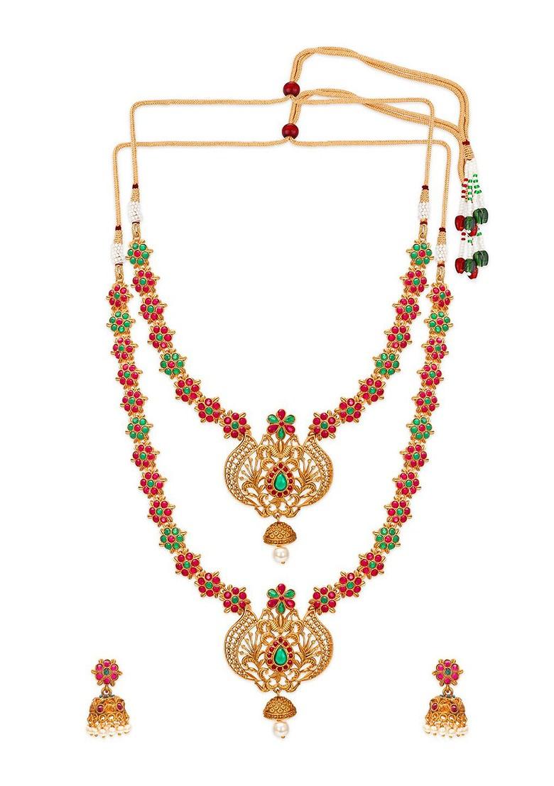 Gold Plated Pink And Green Stone Studded And White Beaded Temple Jewellery Set