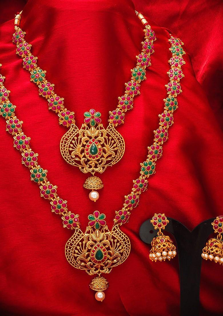 Gold Plated Pink And Green Stone Studded And White Beaded Temple Jewellery Set