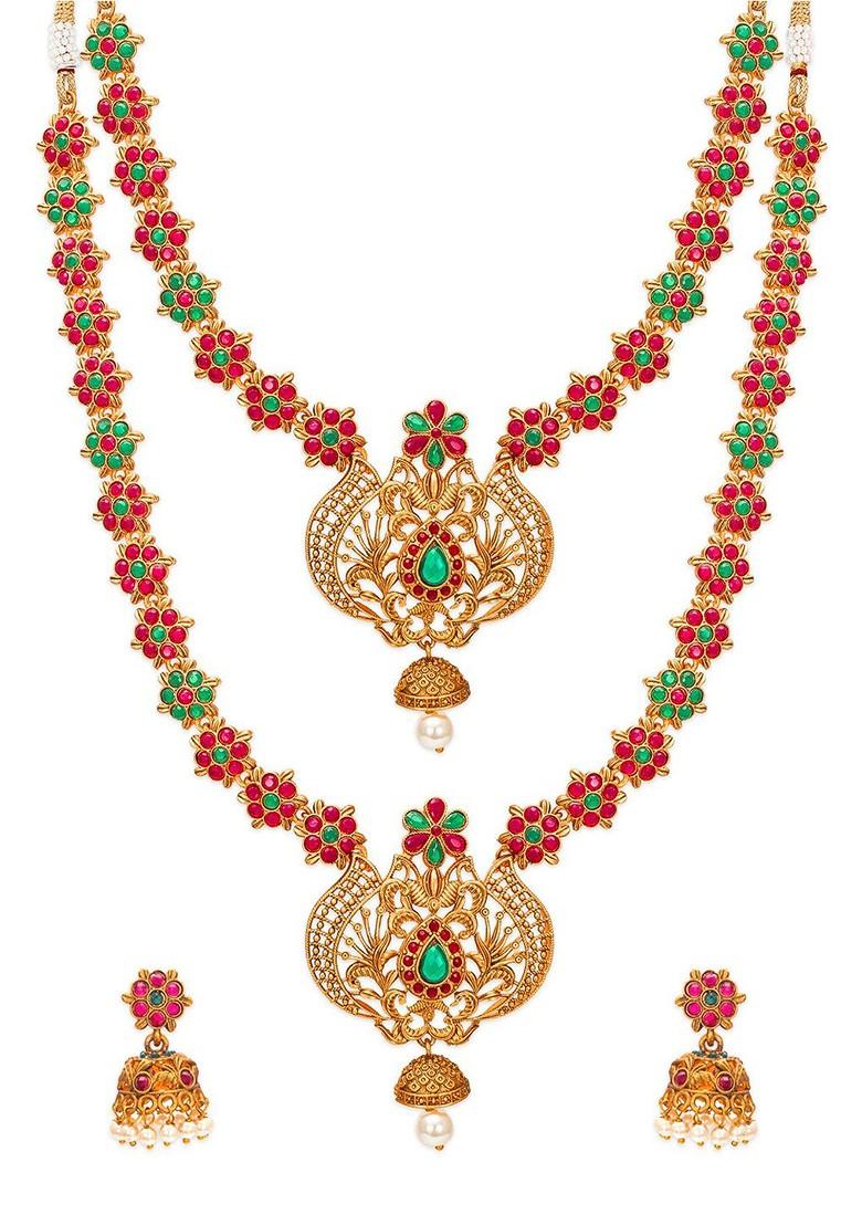 Gold Plated Pink And Green Stone Studded And White Beaded Temple Jewellery Set