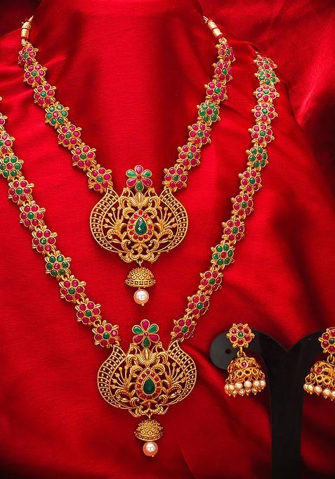 Gold Plated Pink And Green Stone Studded And White Beaded Temple Jewellery Set