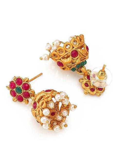 Gold Plated Pink And Green Stone Studded And White Beaded Temple Jewellery Set