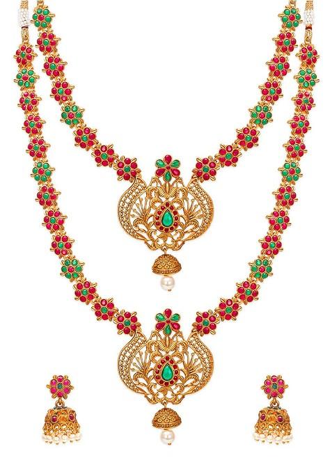 Gold Plated Pink And Green Stone Studded And White Beaded Temple Jewellery Set