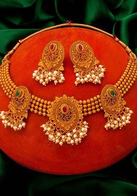 Gold Plated Pink Stone Studded Pearls Beaded Temple Jewellery Set