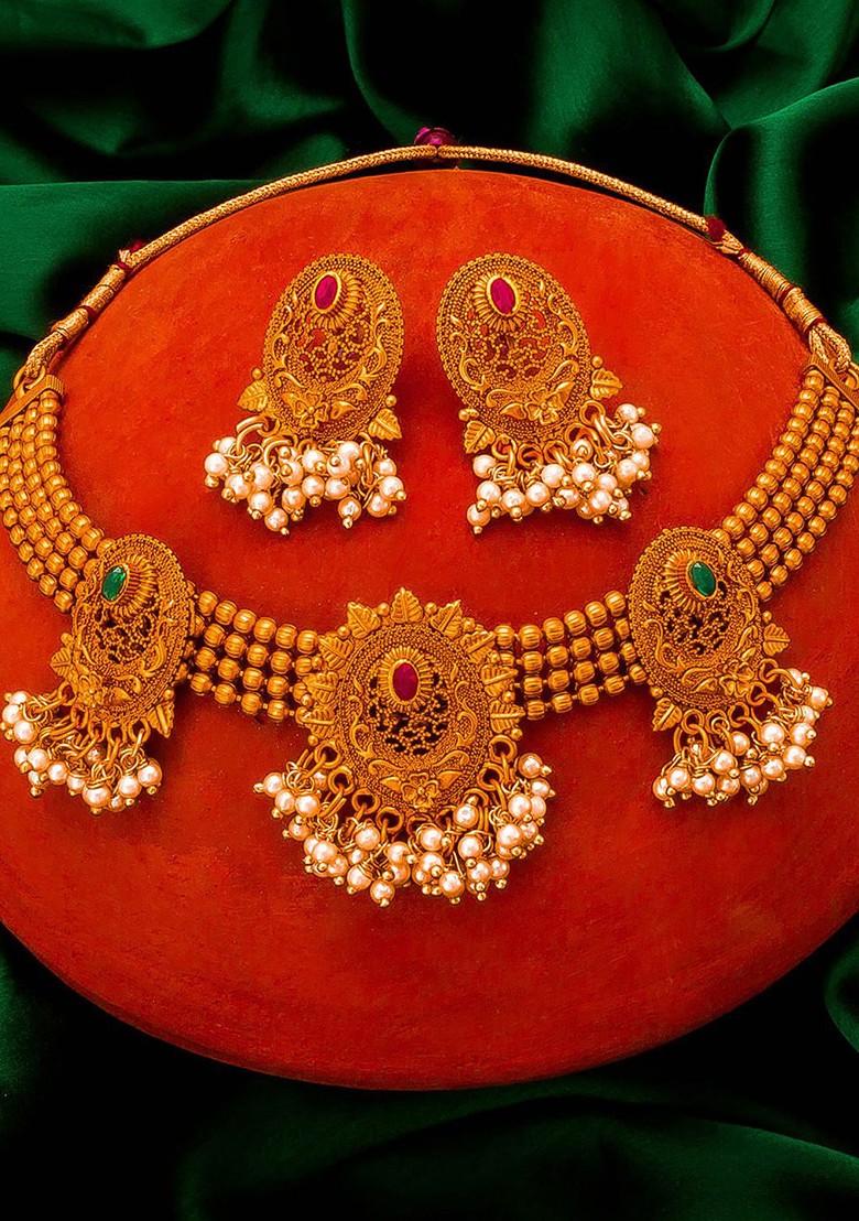 Gold Plated Pink Stone Studded Pearls Beaded Temple Jewellery Set
