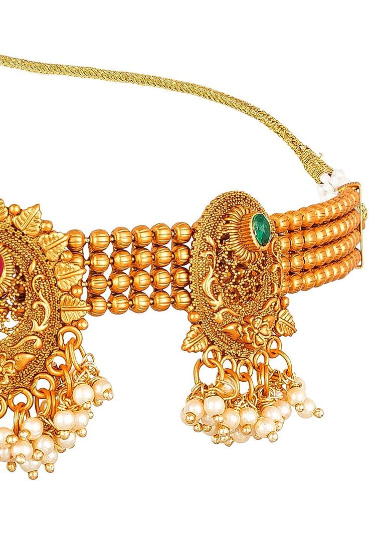 Gold Plated Pink Stone Studded Pearls Beaded Temple Jewellery Set