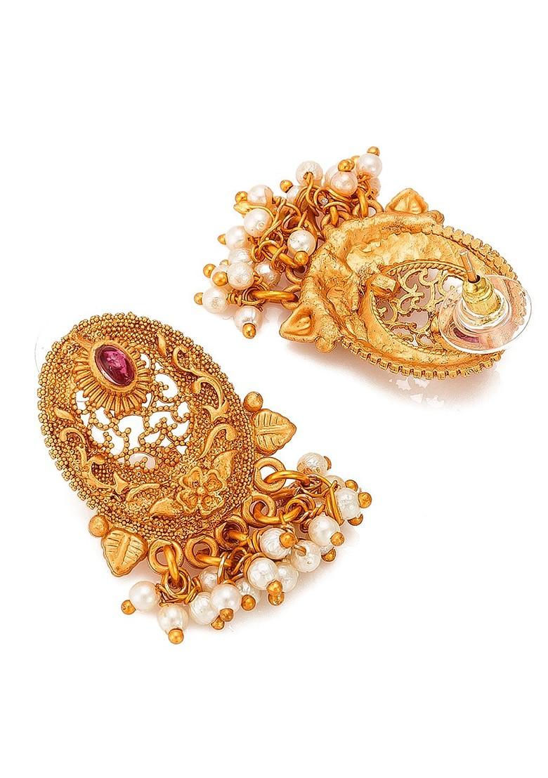 Gold Plated Pink Stone Studded Pearls Beaded Temple Jewellery Set