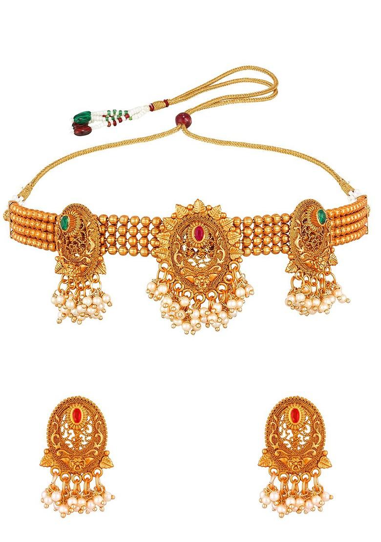 Gold Plated Pink Stone Studded Pearls Beaded Temple Jewellery Set