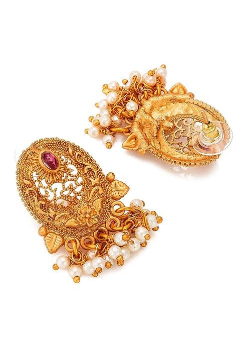 Gold Plated Pink Stone Studded Pearls Beaded Temple Jewellery Set