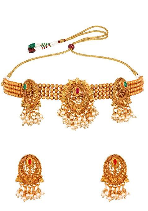Gold Plated Pink Stone Studded Pearls Beaded Temple Jewellery Set