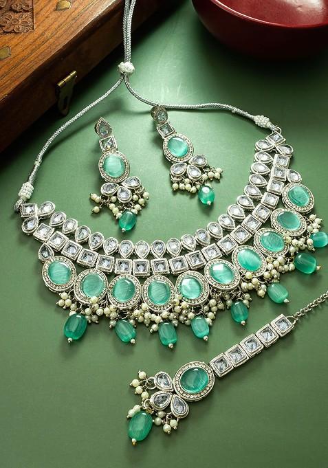 Silver Silver Plated Stone Studded Jewellery Set