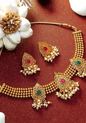 Gold Plated Green And Pink Stone Studded Beaded Choker Jewellery Set