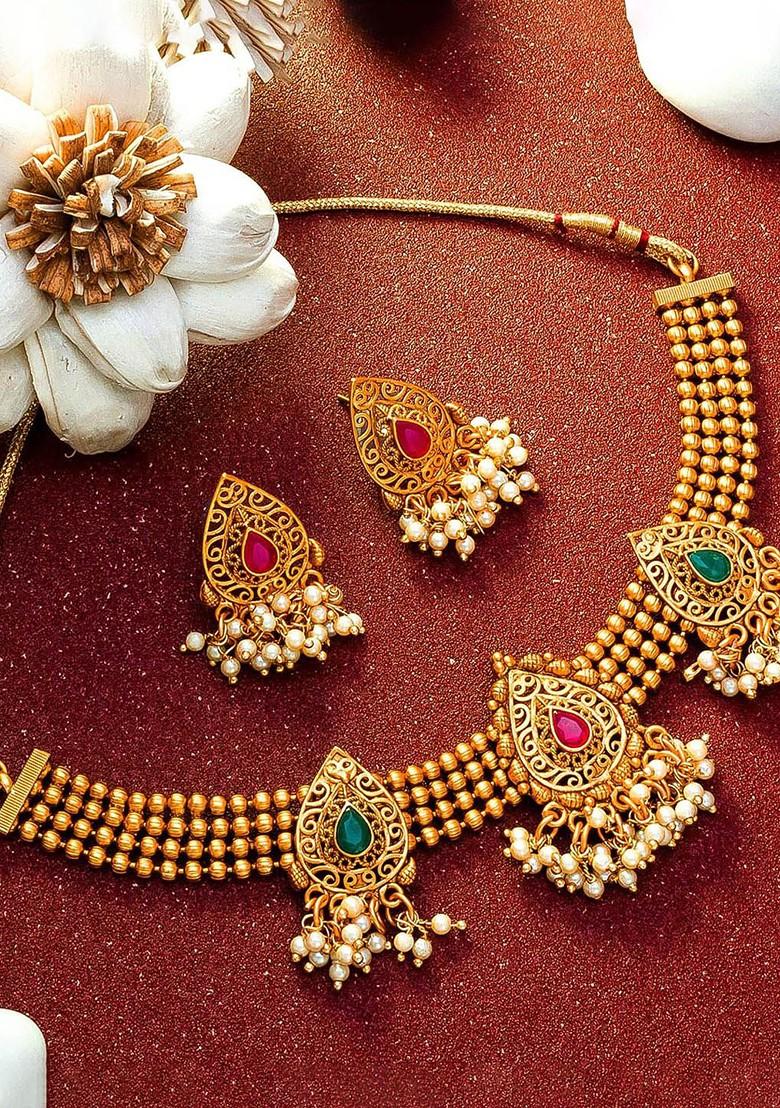 Gold Plated Green And Pink Stone Studded Beaded Choker Jewellery Set