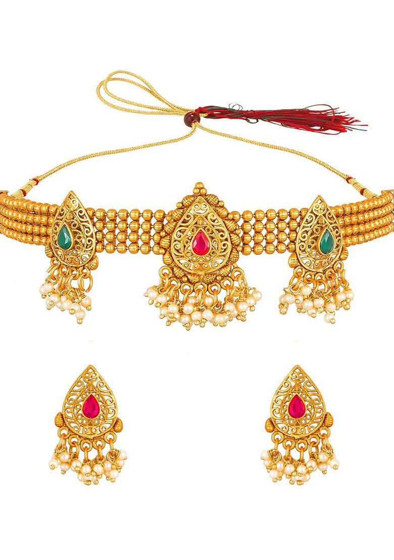 Gold Plated Green And Pink Stone Studded Beaded Choker Jewellery Set
