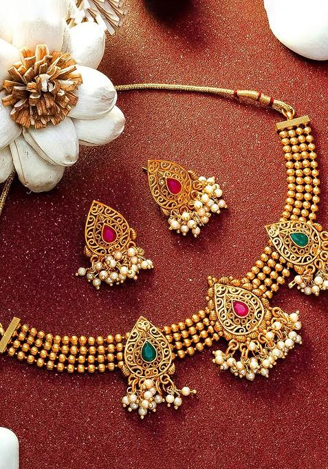Gold Plated Green And Pink Stone Studded Beaded Choker Jewellery Set