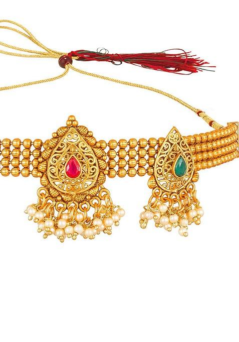 Gold Plated Green And Pink Stone Studded Beaded Choker Jewellery Set