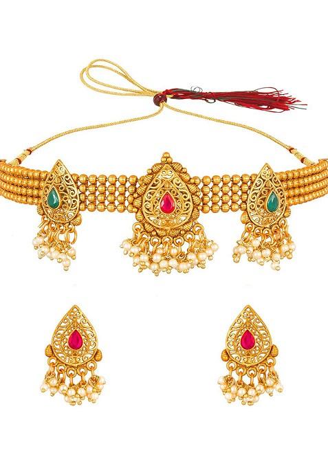 Gold Plated Green And Pink Stone Studded Beaded Choker Jewellery Set
