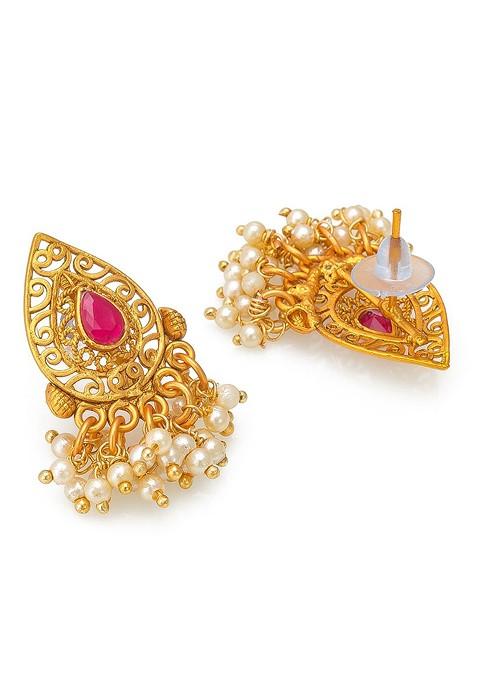 Gold Plated Green And Pink Stone Studded Beaded Choker Jewellery Set