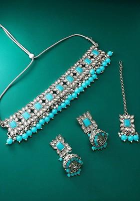 Silver Women German Oxidised Tribal Silver Pearl And Stones Choker Jewellery Set