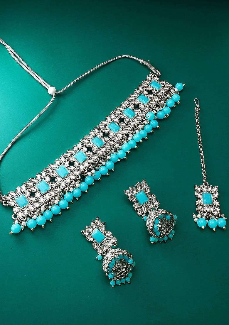 Silver Women German Oxidised Tribal Silver Pearl And Stones Choker Jewellery Set - Indya
