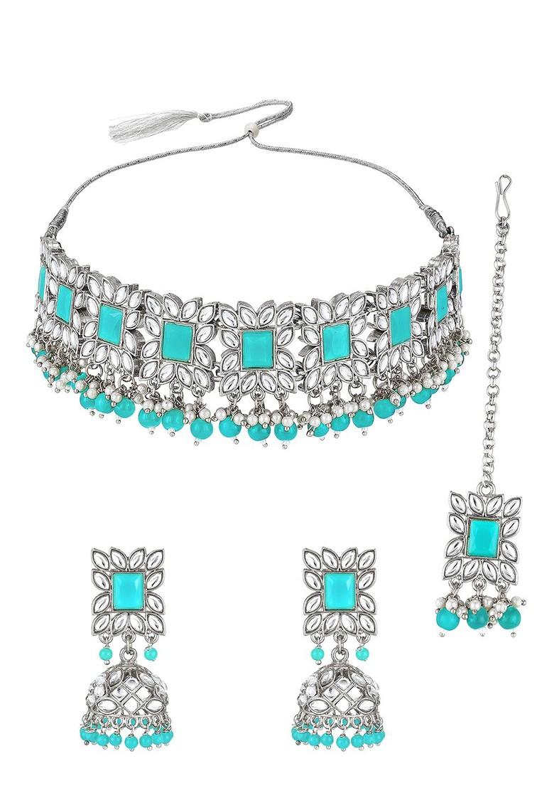 Silver Women German Oxidised Tribal Silver Pearl And Stones Choker Jewellery Set