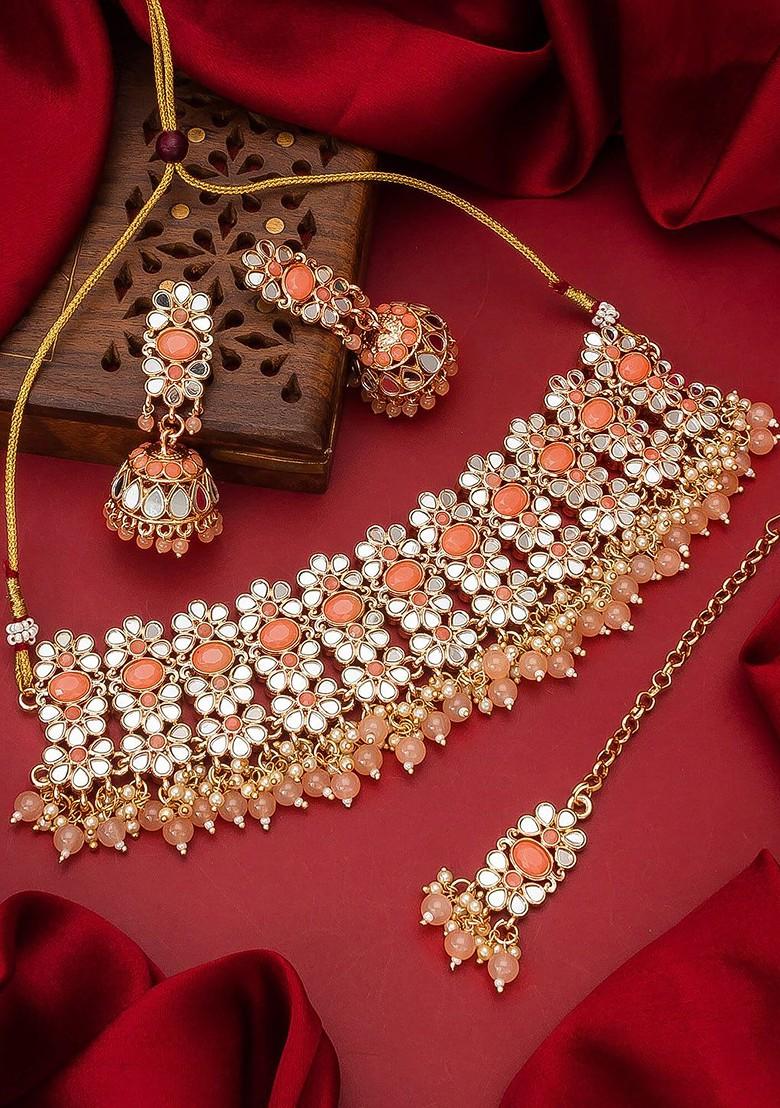 Gold Toned And Orange Alloy Gold Plated Pearl Beaded Handcrafted Jewellery Set
