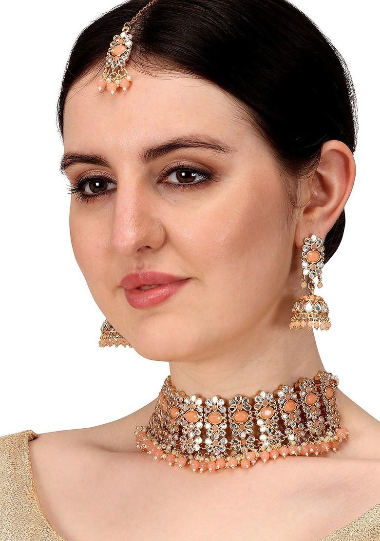 Gold Toned And Orange Alloy Gold Plated Pearl Beaded Handcrafted Jewellery Set