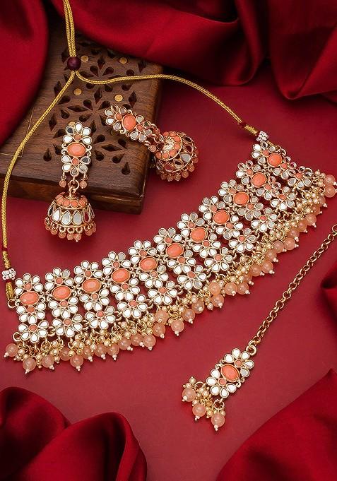 Gold Toned And Orange Alloy Gold Plated Pearl Beaded Handcrafted Jewellery Set