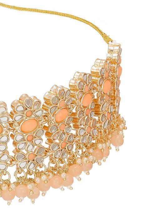 Gold Toned And Orange Alloy Gold Plated Pearl Beaded Handcrafted Jewellery Set