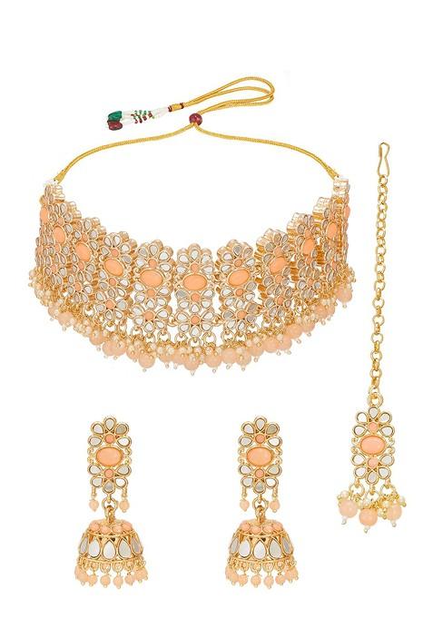 Gold Toned And Orange Alloy Gold Plated Pearl Beaded Handcrafted Jewellery Set