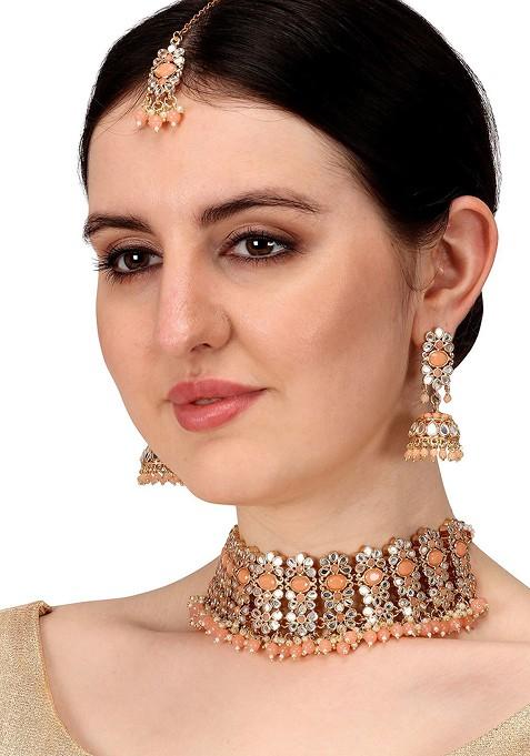 Gold Toned And Orange Alloy Gold Plated Pearl Beaded Handcrafted Jewellery Set
