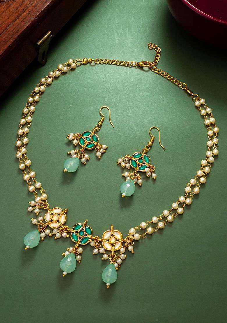 Gold Plated Kundan Studded And Beaded Jewellery Set - Indya