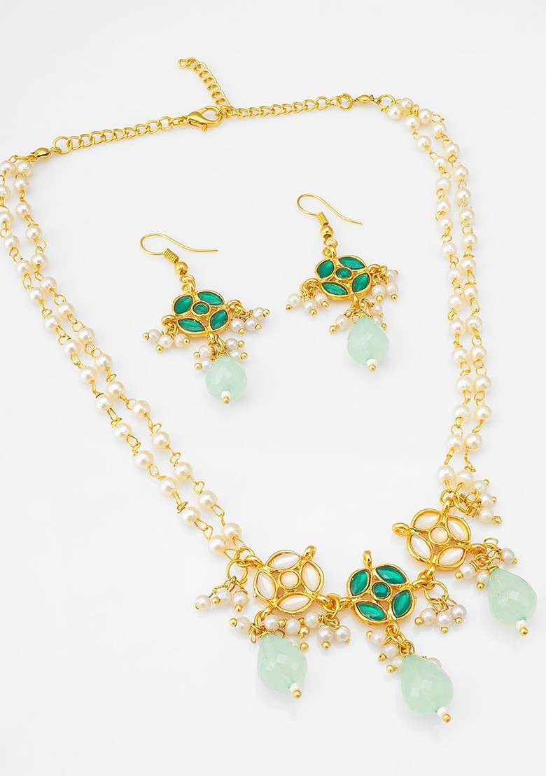 Gold Plated Kundan Studded And Beaded Jewellery Set - Indya