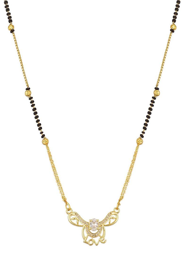 Gold Plated Black And White American Diamond Studded And Beaded Mangalsutra