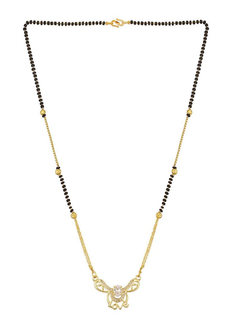 Gold Plated Black And White American Diamond Studded And Beaded Mangalsutra