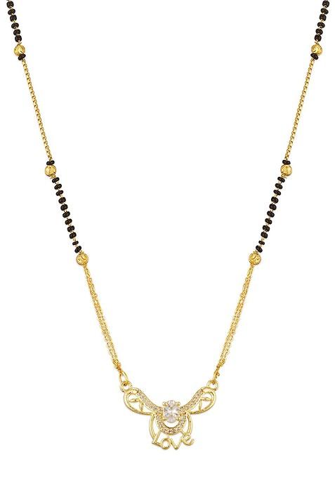 Gold Plated Black And White American Diamond Studded And Beaded Mangalsutra