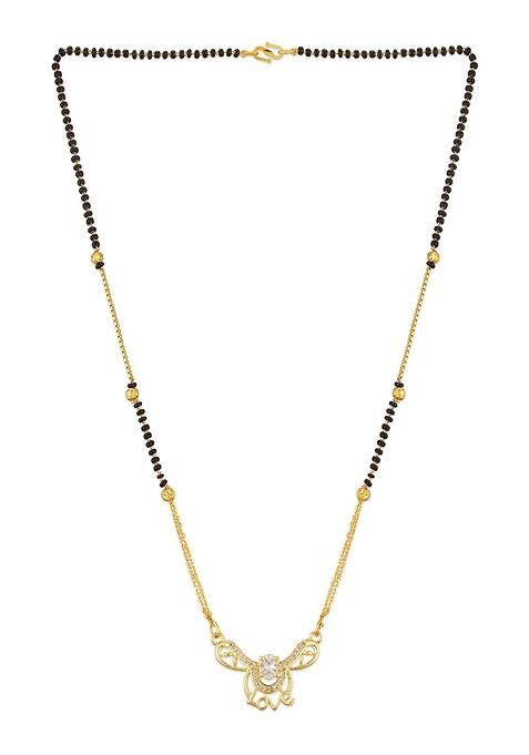 Gold Plated Black And White American Diamond Studded And Beaded Mangalsutra